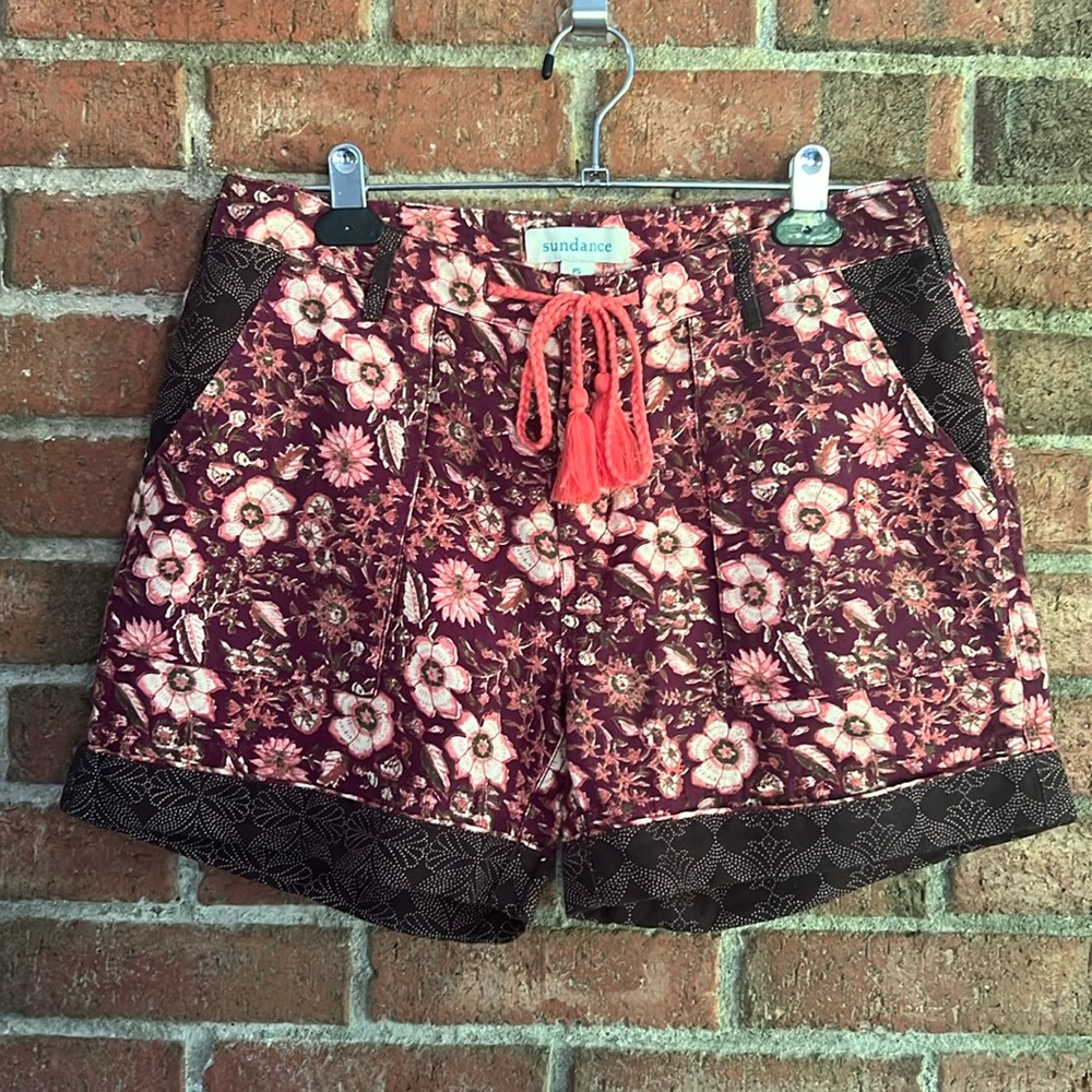 Sundance Floral Burgundy and Coral Tassel Drawstring Shorts